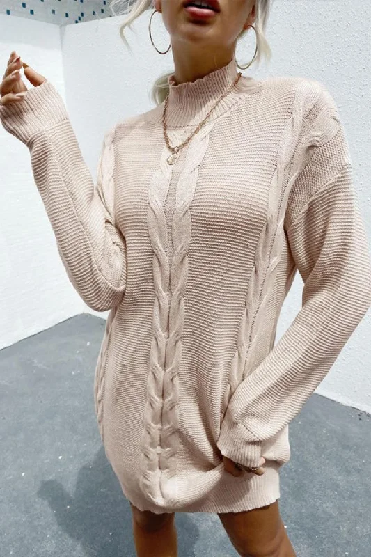 TWIST CABLE KNIT RIB HEM HIGH NECK KNIT DRESS