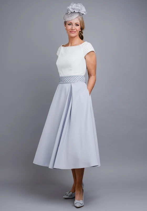 Invitations by Veni for Ronald Joyce Ribbon Trim Dress, Silver & Ivory