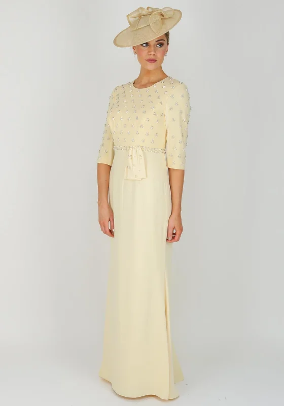 John Charles Embellished Long Crepe Dress UK Size 10, Lemon