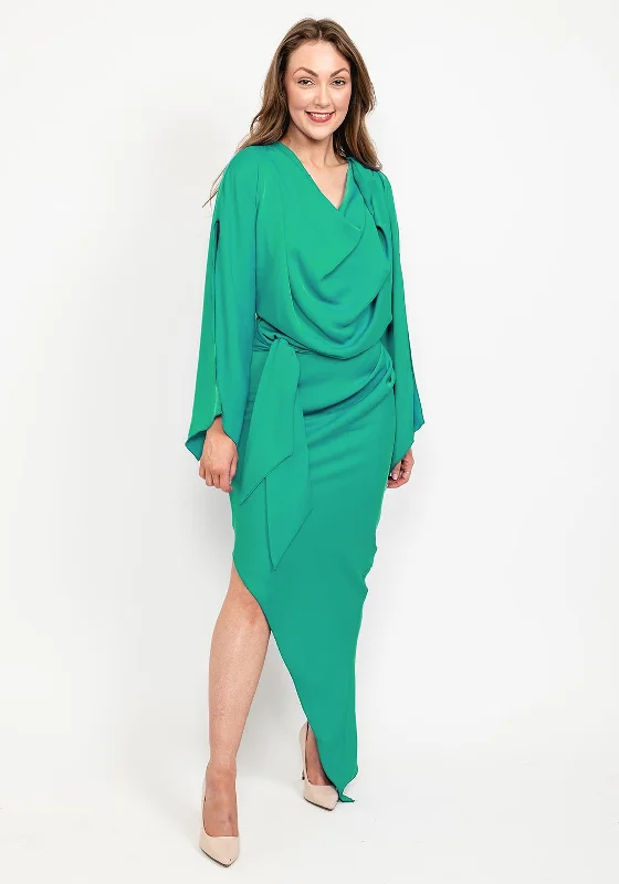 Kevan Jon Selena Asymmetrical Draped Dress, Emerald