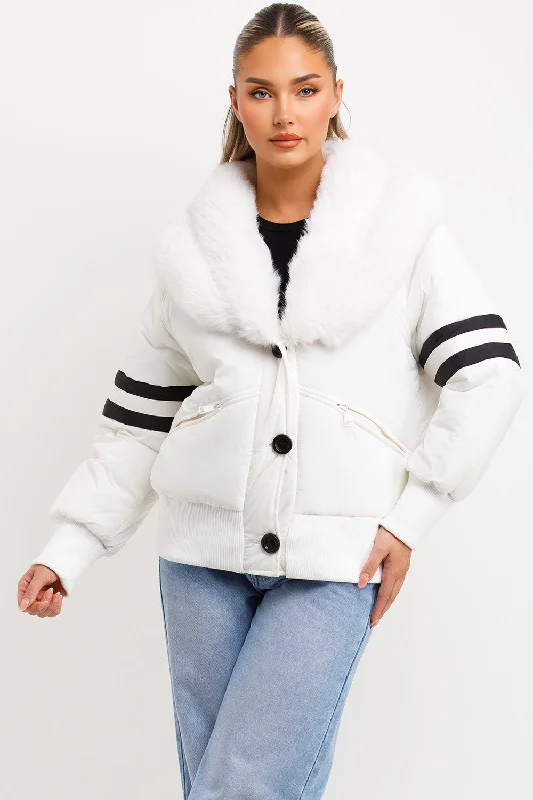 Aviator Bomber Jacket With Faux Fur And Stripe Detail White