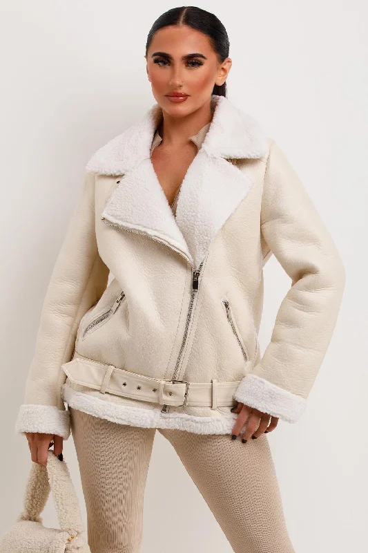 Aviator Jacket With Shearling Detail Beige