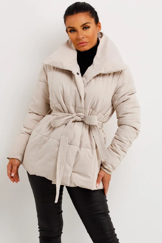 Beige Duvet Padded Jacket With Belt