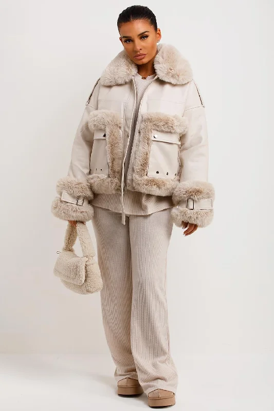 Beige Faux Fur Trim Faux Leather Jacket