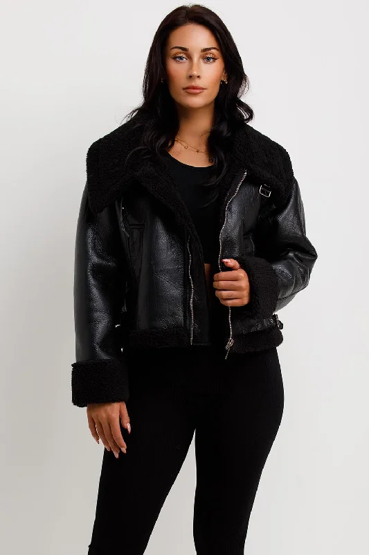 Black Faux Leather Aviator Jacket With Belt