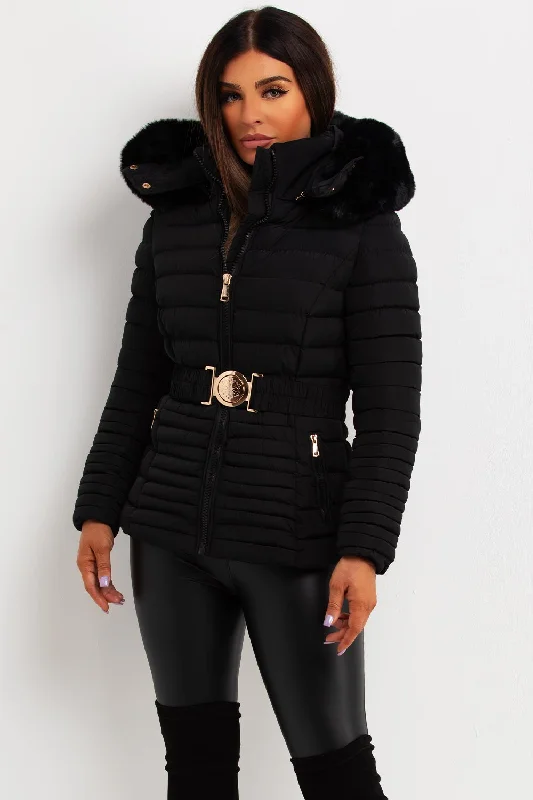 Black Puffer Jacket With Faux Fur Hood And Gold Belt