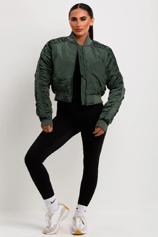 Bomber Jacket With Ruched Sleeves Khaki