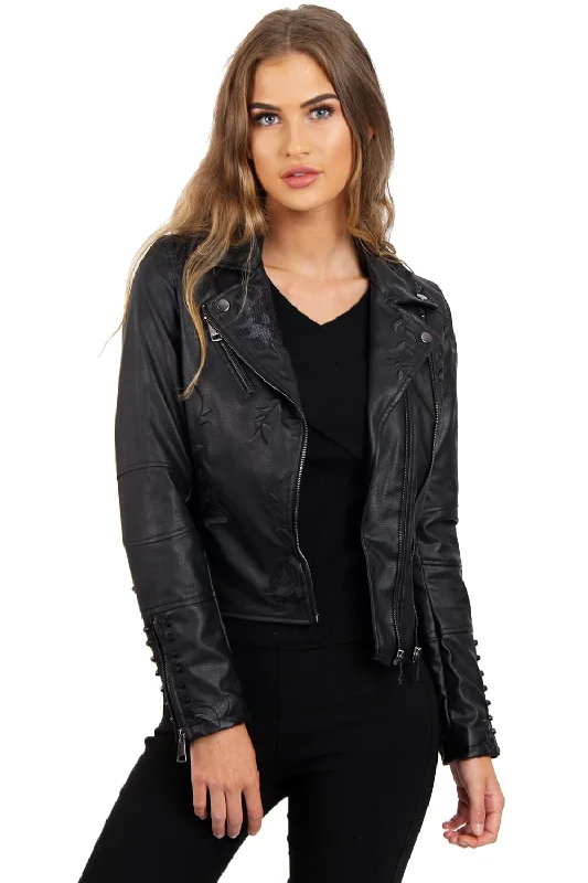 Black Floral Embroidered Studded Detail Faux Leather Biker Jacket