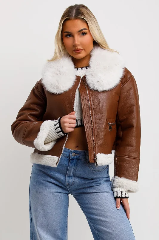 Crop Aviator Jacket With Fur Collar Brown