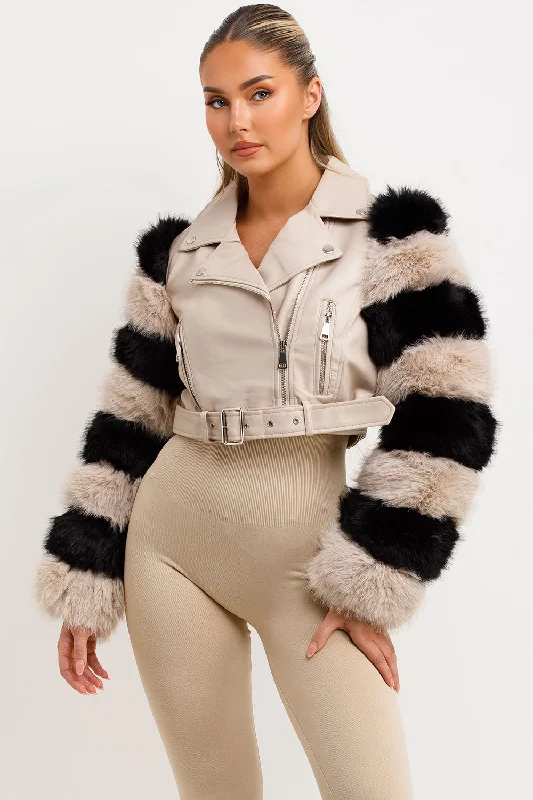 Faux Fur Faux Leather Aviator Jacket Beige Contrast