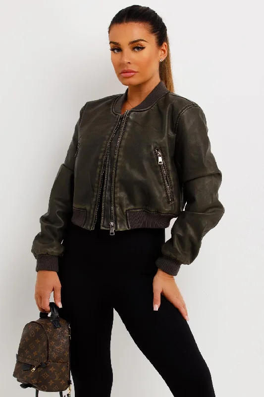 Faux Leather Bomber Jacket Khaki