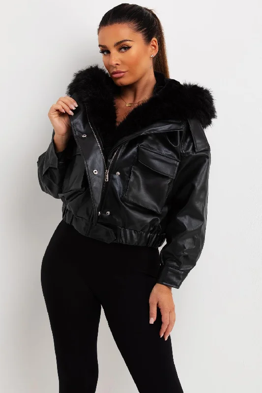 Faux Leather Bomber Jacket With Faux Fur Hood Black