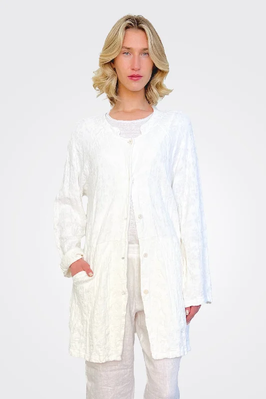 Floral Cotton Linen Jacquard Knitted Mid Jacket - White