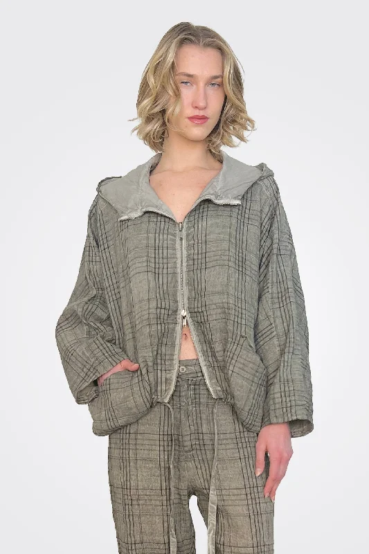 Plaid Zip Up Hooded Jacket - Grey