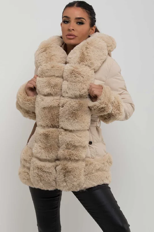 Puffer Jacket With Fur Hood Cuff And Trim Beige