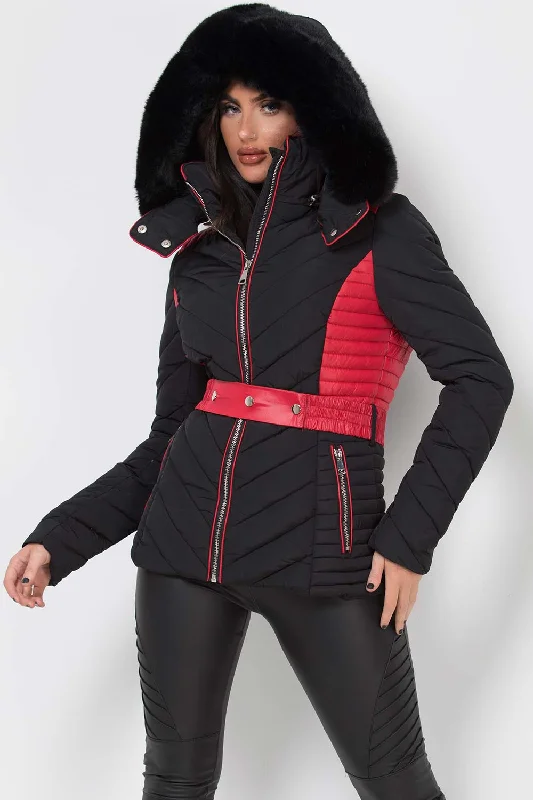 Puffer Quilted Jacket With Faux Fur Hood Belted Black And Red