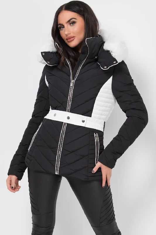 Puffer Quilted Jacket With Faux Fur Hood Belted Black And White