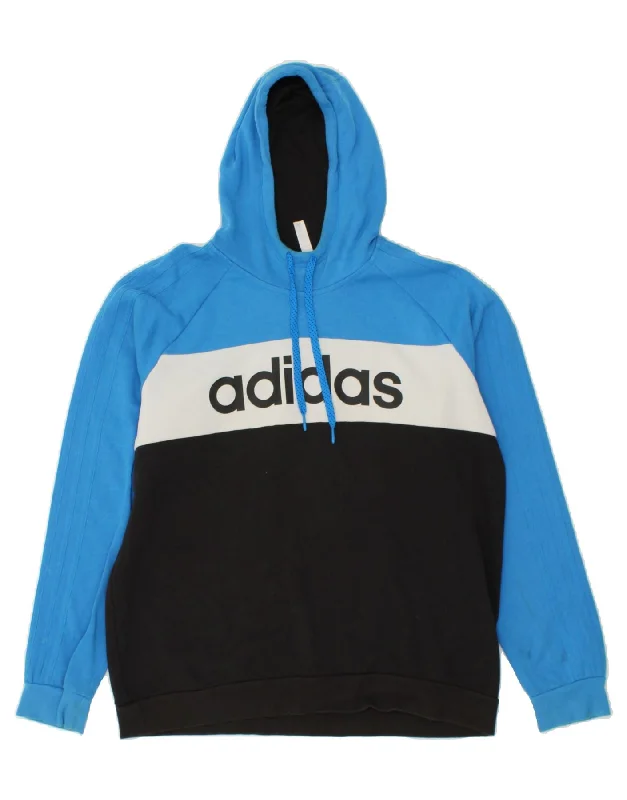 ADIDAS Mens Graphic Hoodie Jumper XL Blue Colourblock Cotton Hoodie with Toggle Buttons Decorative Unique ADIDAS Mens Graphic Hoodie Jumper XL Blue Colourblock Cotton Hoodie with Toggle Buttons Decorative Unique