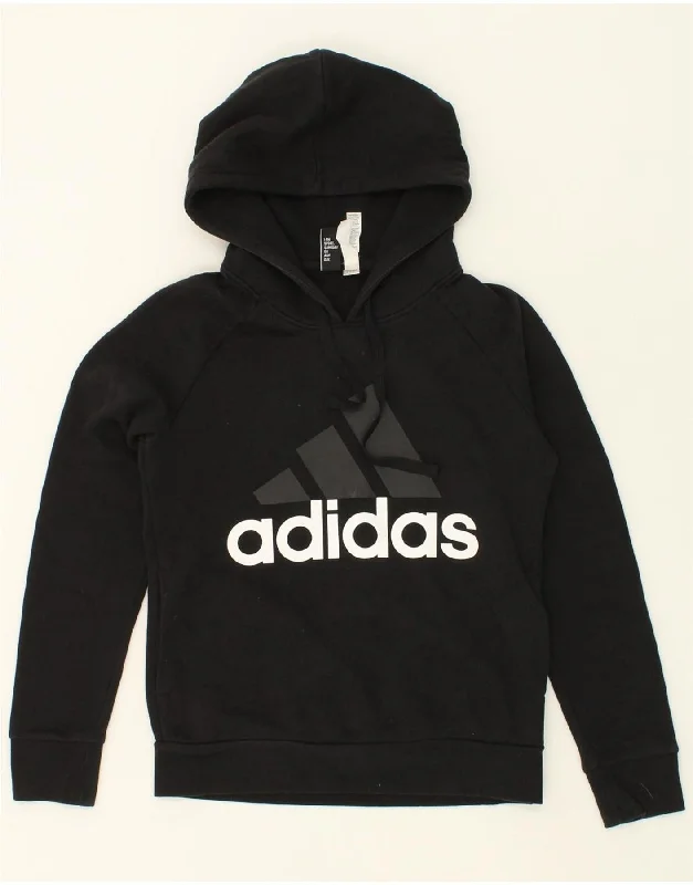ADIDAS Womens Graphic Hoodie Jumper UK 10 Small Black Hoodie with Frayed Bohemian Relaxed ADIDAS Womens Graphic Hoodie Jumper UK 10 Small Black Hoodie with Frayed Bohemian Relaxed