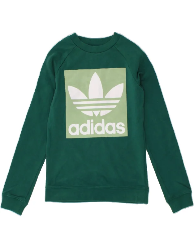 ADIDAS Womens Graphic Sweatshirt Jumper UK 4 XS Green Cotton Hoodie with Hem Lace Feminine Delicate ADIDAS Womens Graphic Sweatshirt Jumper UK 4 XS Green Cotton Hoodie with Hem Lace Feminine Delicate