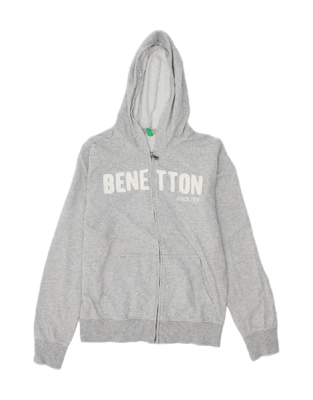 BENETTON Boys Graphic Zip Hoodie Sweater 11-12 Years 2XL Grey Cotton