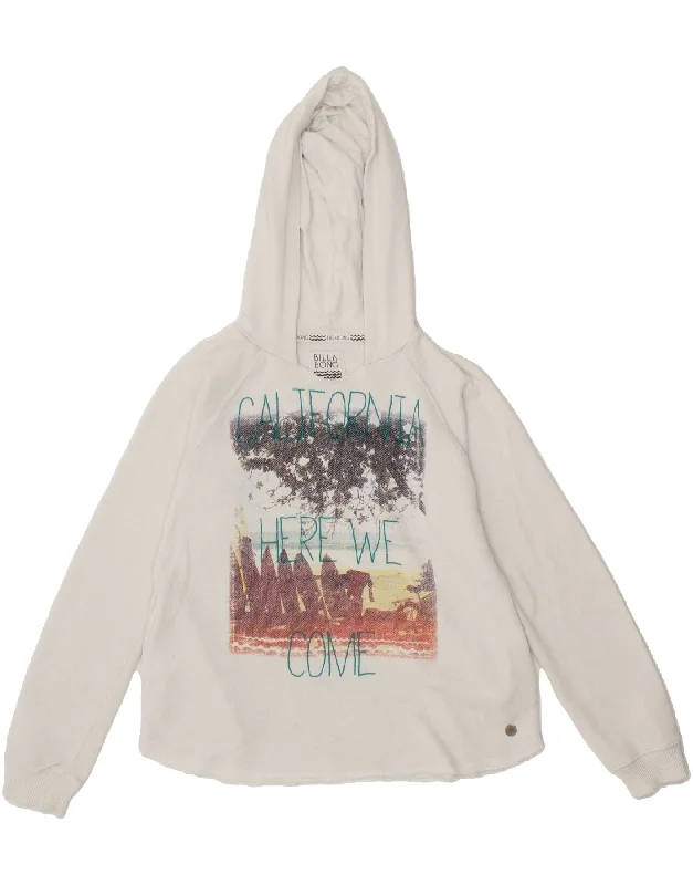 BILLABONG Womens Graphic Hoodie Jumper UK 10 Small White Cotton Hoodie with Stripes Bold Sporty