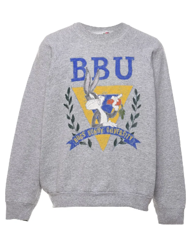 Bugs Bunny University 1990s Printed Sweatshirt - L Hoodie with Snap Buttons Easy Quick Bugs Bunny University 1990s Printed Sweatshirt - L Hoodie with Snap Buttons Easy Quick