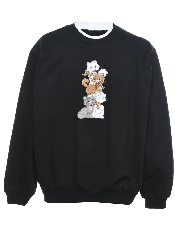 Cat Black Embroidered Sweatshirt - M Hoodie with Distressed Vintage Worn