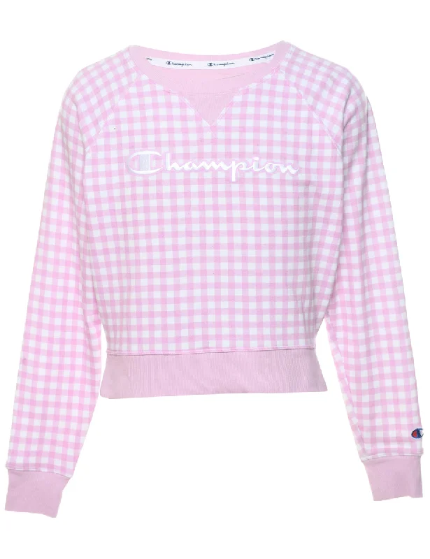Champion Checked Pale Pink & White Sweatshirt - S Hoodie with Tied Waist Feminine Flattering Champion Checked Pale Pink & White Sweatshirt - S Hoodie with Tied Waist Feminine Flattering