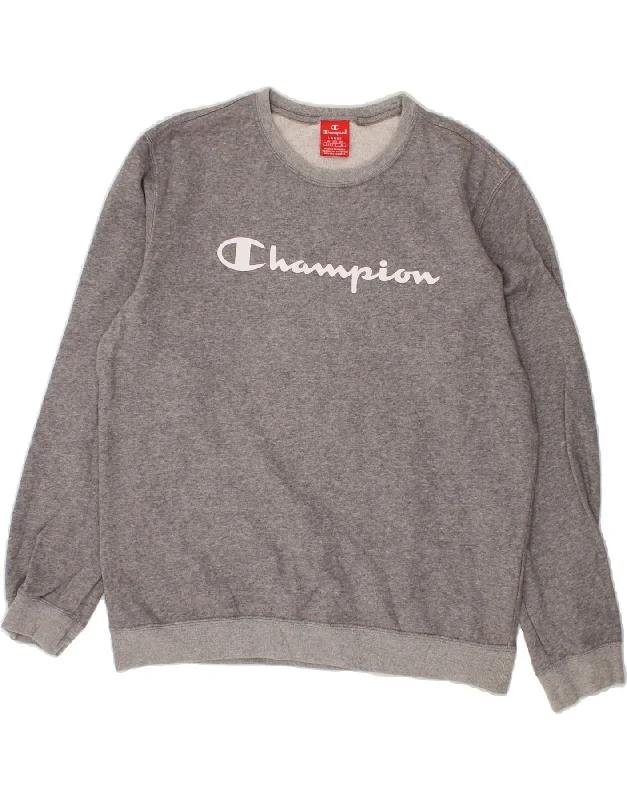 CHAMPION Mens Graphic Sweatshirt Jumper Large Grey Cotton Hooded Sweatshirt Casual Wear Street Style