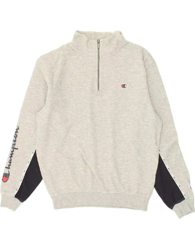 CHAMPION Mens Graphic Zip Neck Sweatshirt Jumper Small Grey Colourblock Hoodie with High-Low Hem Asymmetrical Trendy CHAMPION Mens Graphic Zip Neck Sweatshirt Jumper Small Grey Colourblock Hoodie with High-Low Hem Asymmetrical Trendy