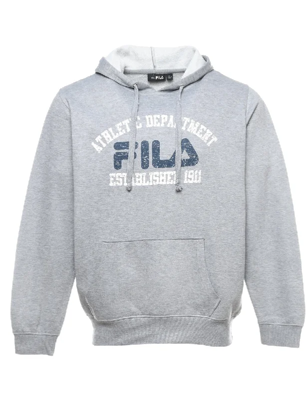 Fila Grey, White & Navy Printed Hoodie - L Hoodie with Drop Shoulder Relaxed Streetwear Fila Grey, White & Navy Printed Hoodie - L Hoodie with Drop Shoulder Relaxed Streetwear