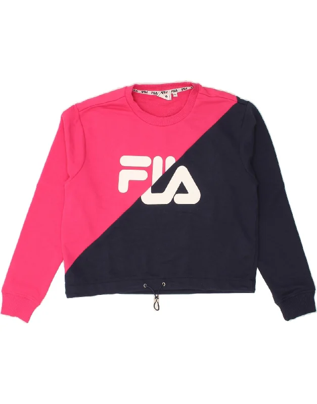 FILA Womens Crop Graphic Sweatshirt Jumper UK 14 Medium Pink Colourblock Cotton Hoodie Fleece Lining Warmth FILA Womens Crop Graphic Sweatshirt Jumper UK 14 Medium Pink Colourblock Cotton Hoodie Fleece Lining Warmth