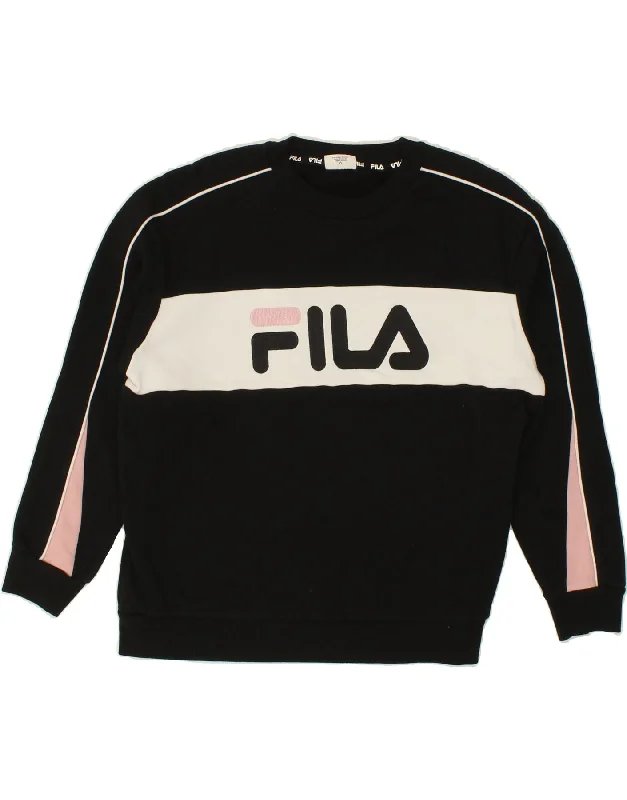 FILA Womens Graphic Sweatshirt Jumper UK 18 XL Black Colourblock Cotton Hoodie with Mock Neck Collared Structured FILA Womens Graphic Sweatshirt Jumper UK 18 XL Black Colourblock Cotton Hoodie with Mock Neck Collared Structured