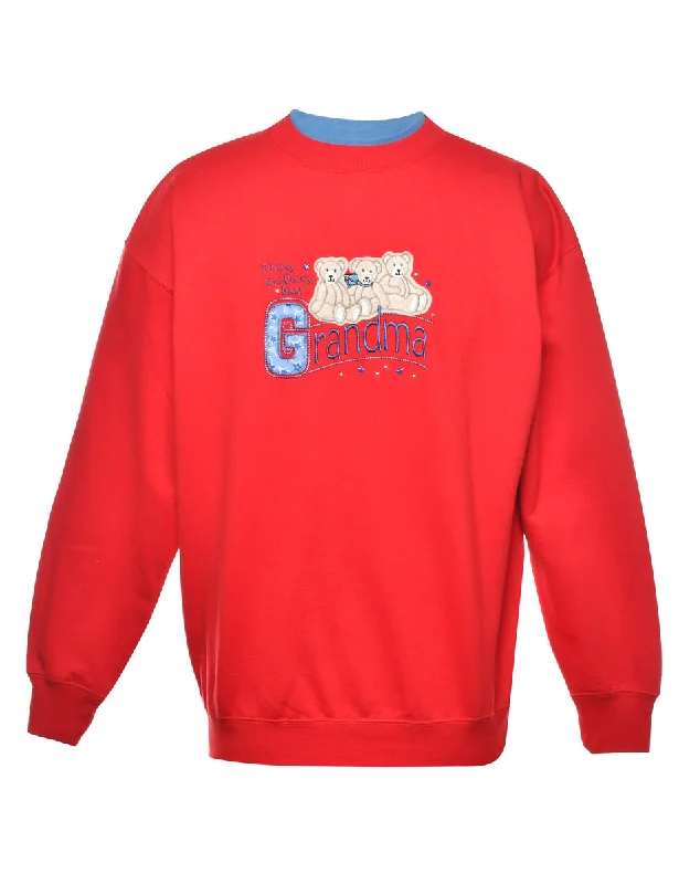 Grandma Teddy Bear Embroidered Sweatshirt - M Cotton Hoodie Fleece Lining Warmth