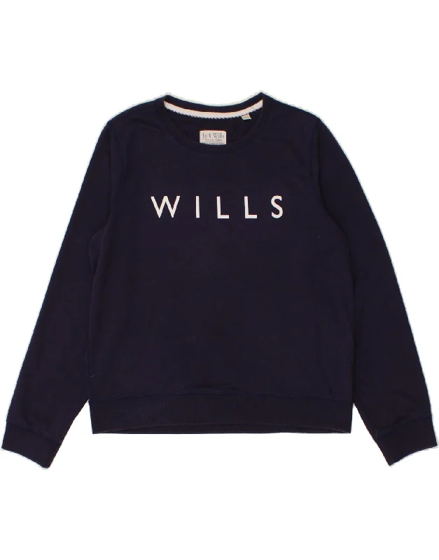 JACK WILLS Womens Graphic Sweatshirt Jumper UK 16 Large Navy Blue Cotton