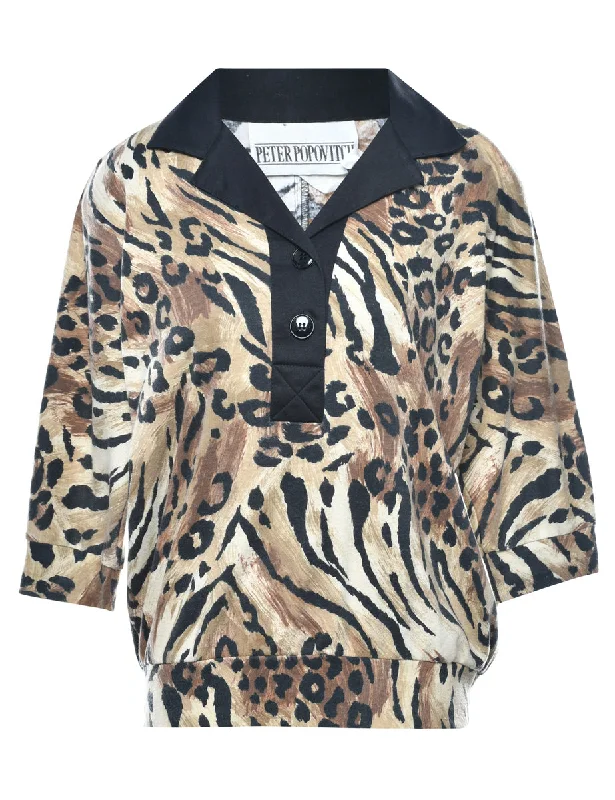 Leopard Printed Sweatshirt - L Hoodie with Exposed Zipper Edgy Industrial