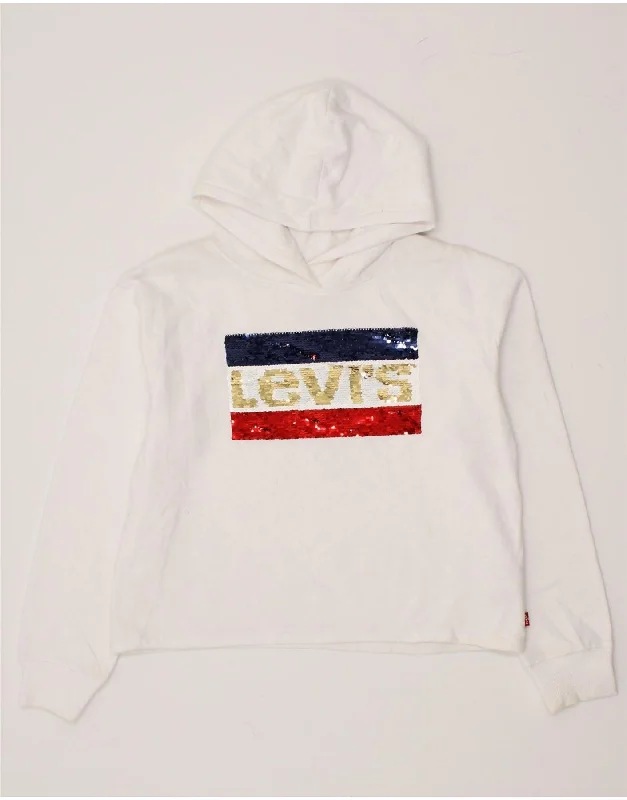 LEVI'S Girls Crop Graphic Hoodie Jumper 13-14 Years XL White Cotton