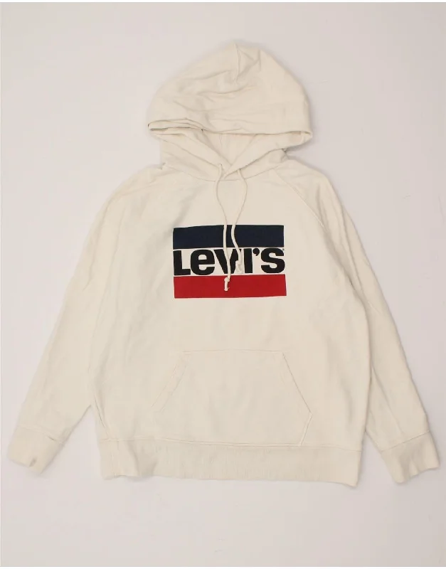 LEVI'S Womens Oversized Graphic Hoodie Jumper UK 16 Large Off White Cotton