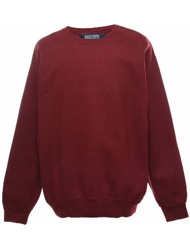 Maroon Plain Round Neck Sweatshirt - L Hoodie with Hidden Zipper Minimalist Clean
