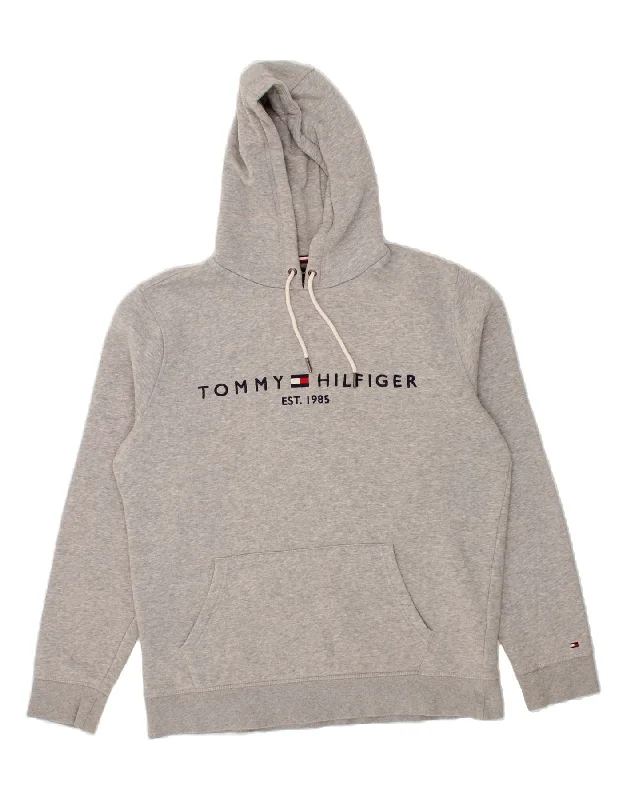 TOMMY HILFIGER Mens Graphic Hoodie Jumper XL Grey Cotton