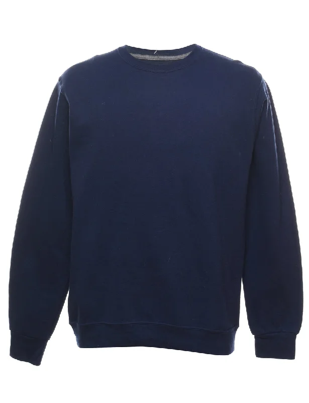 Navy Plain Sweatshirt - M Hoodie with Hem Embroidery Detailed Premium