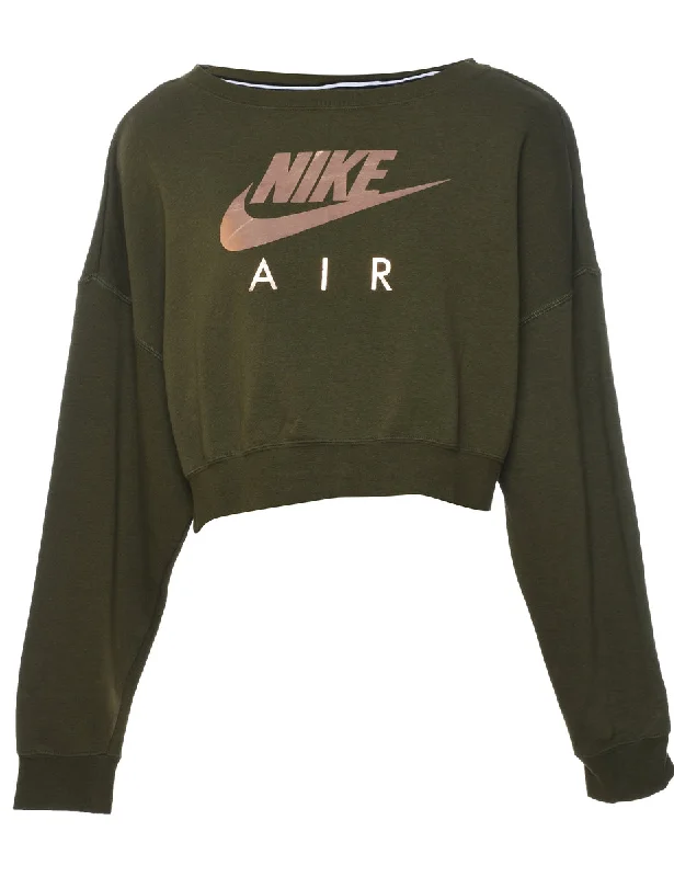Nike Cropped Dark Green Printed Sweatshirt - M Hoodie with Ribbed Cuffs Snug Fit Comfort Nike Cropped Dark Green Printed Sweatshirt - M Hoodie with Ribbed Cuffs Snug Fit Comfort