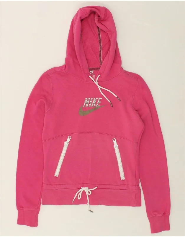 NIKE Womens Graphic Hoodie Jumper UK 8/10 Small Pink Cotton