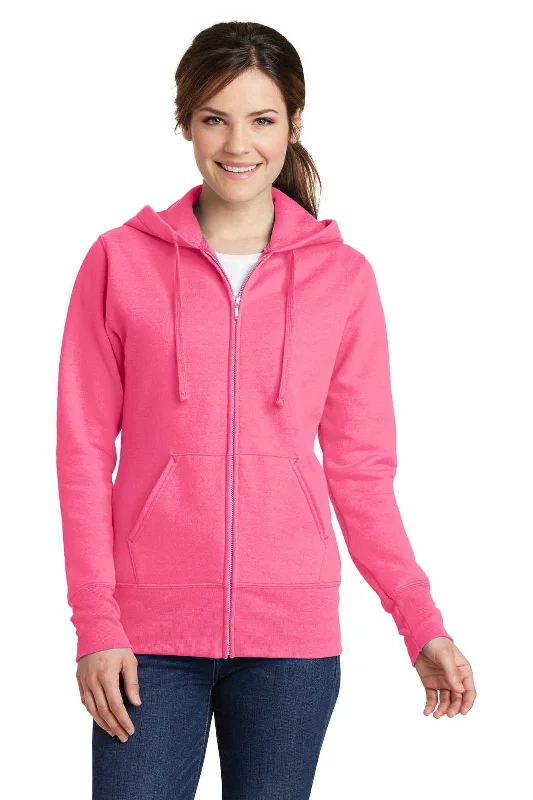 Port & Company LPC78ZH Ladies Core Fleece Full-Zip Hooded Sweatshirt - Neon Pink