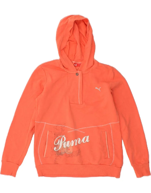 PUMA Womens Graphic Hoodie Jumper UK 12 Medium Orange Cotton Hoodie with Contrast Stitching Detailed Premium PUMA Womens Graphic Hoodie Jumper UK 12 Medium Orange Cotton Hoodie with Contrast Stitching Detailed Premium