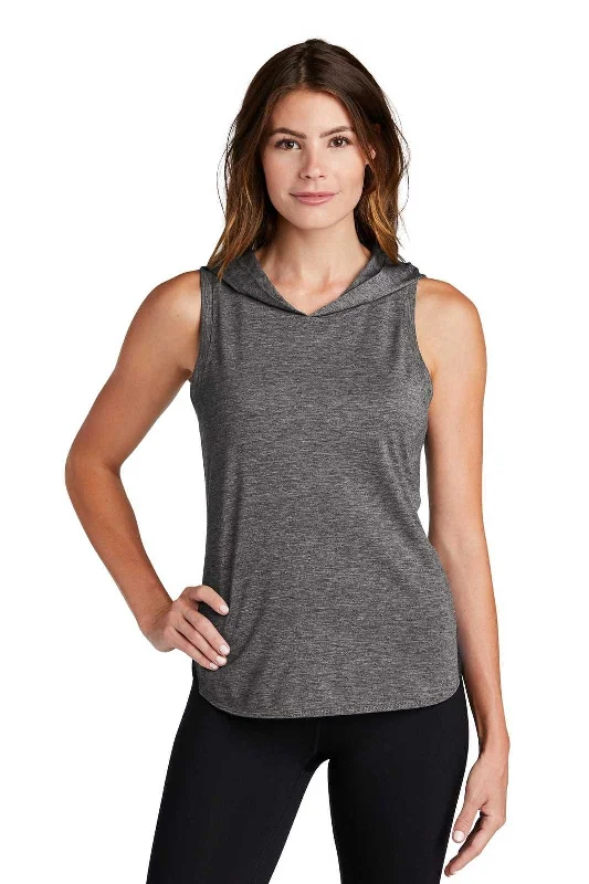 Sport-Tek LST410 Ladies PosiCharge Tri-Blend Wicking Draft Hoodie Tank - Black Dark Gray Heather