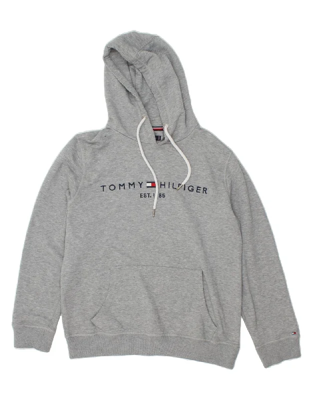 TOMMY HILFIGER Mens Graphic Hoodie Jumper Large Grey Cotton