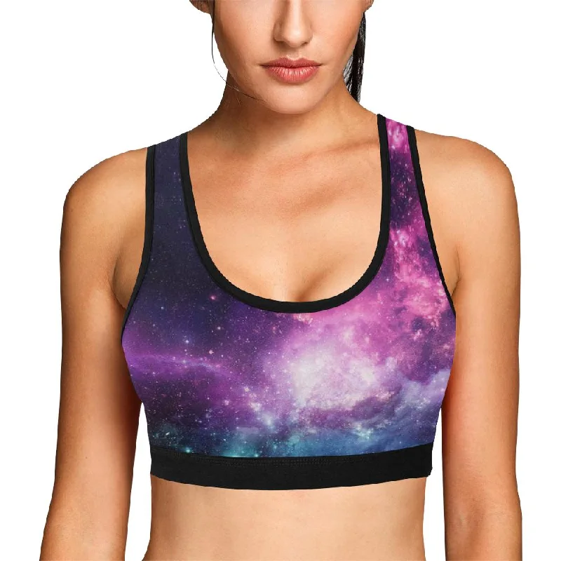 Galaxy Purple Stardust Space Print Women Sports Bra Chic Satin Bra