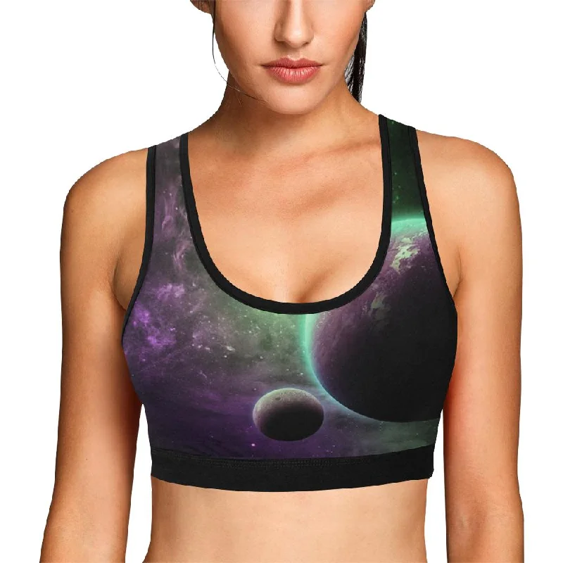 Green Galaxy Space Moon Earth Print Women Sports Bra Light Padded Bra